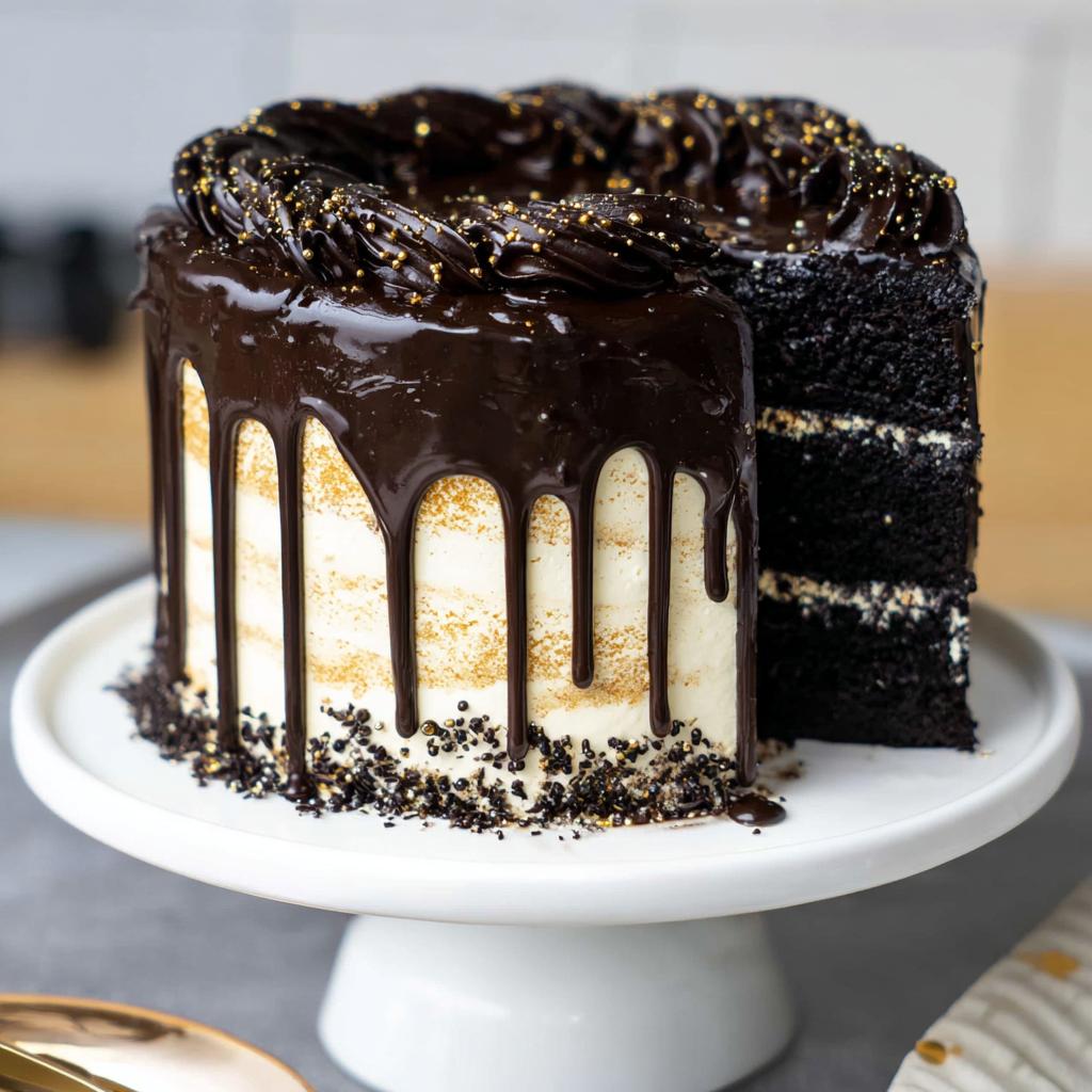 A beautiful Black and Gold Drip Cake sliced open to show dark chocolate layers and white frosting.