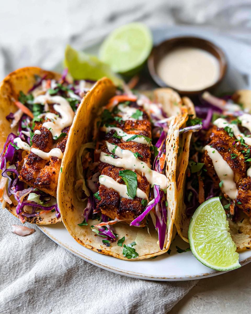 Close-up of three soft tortilla Blackened Salmon Tacos topped with purple cabbage slaw and a creamy drizzle.