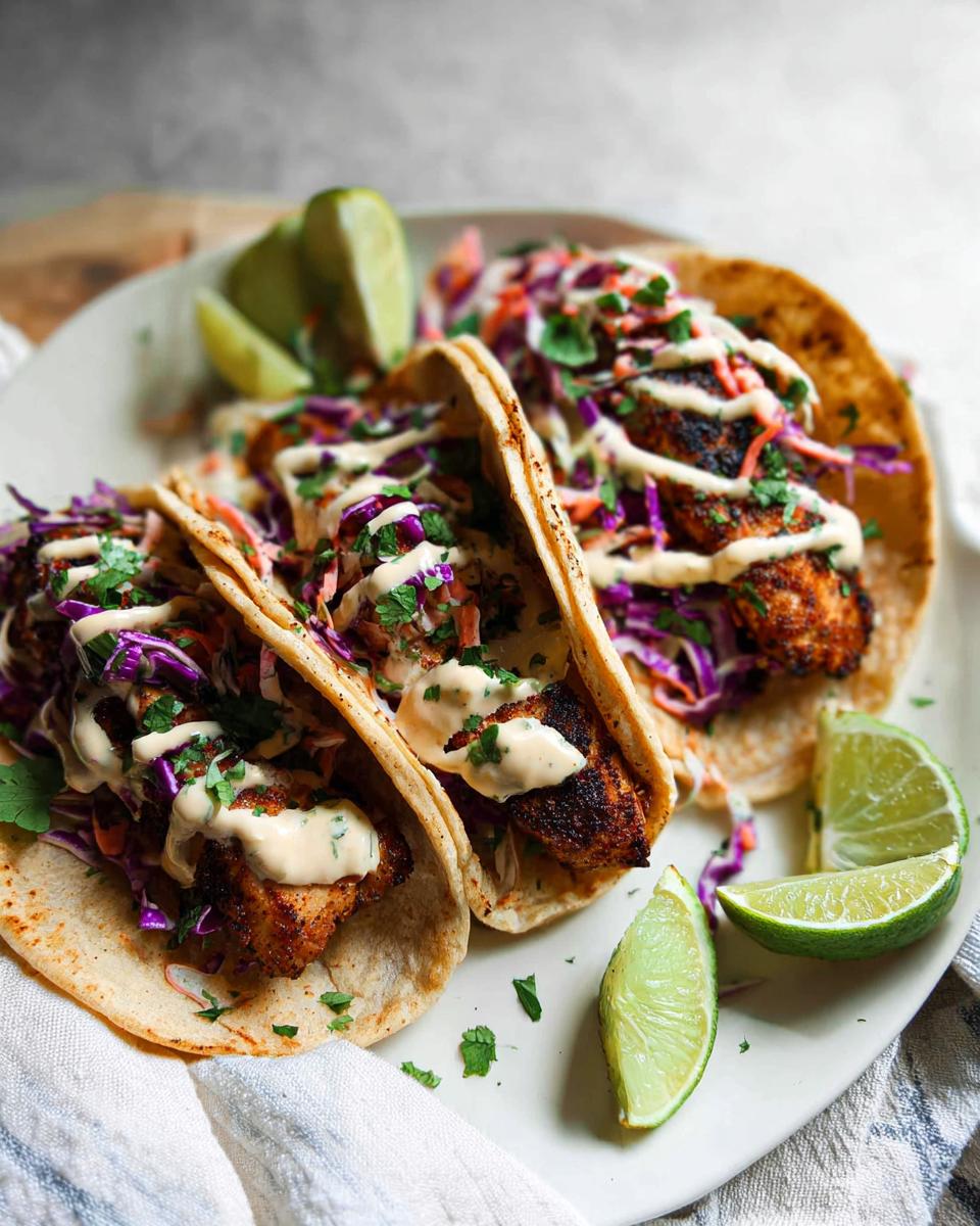 Three delicious Blackened Salmon Tacos filled with blackened fish, purple cabbage slaw, and drizzled with a creamy sauce, served with lime wedges.
