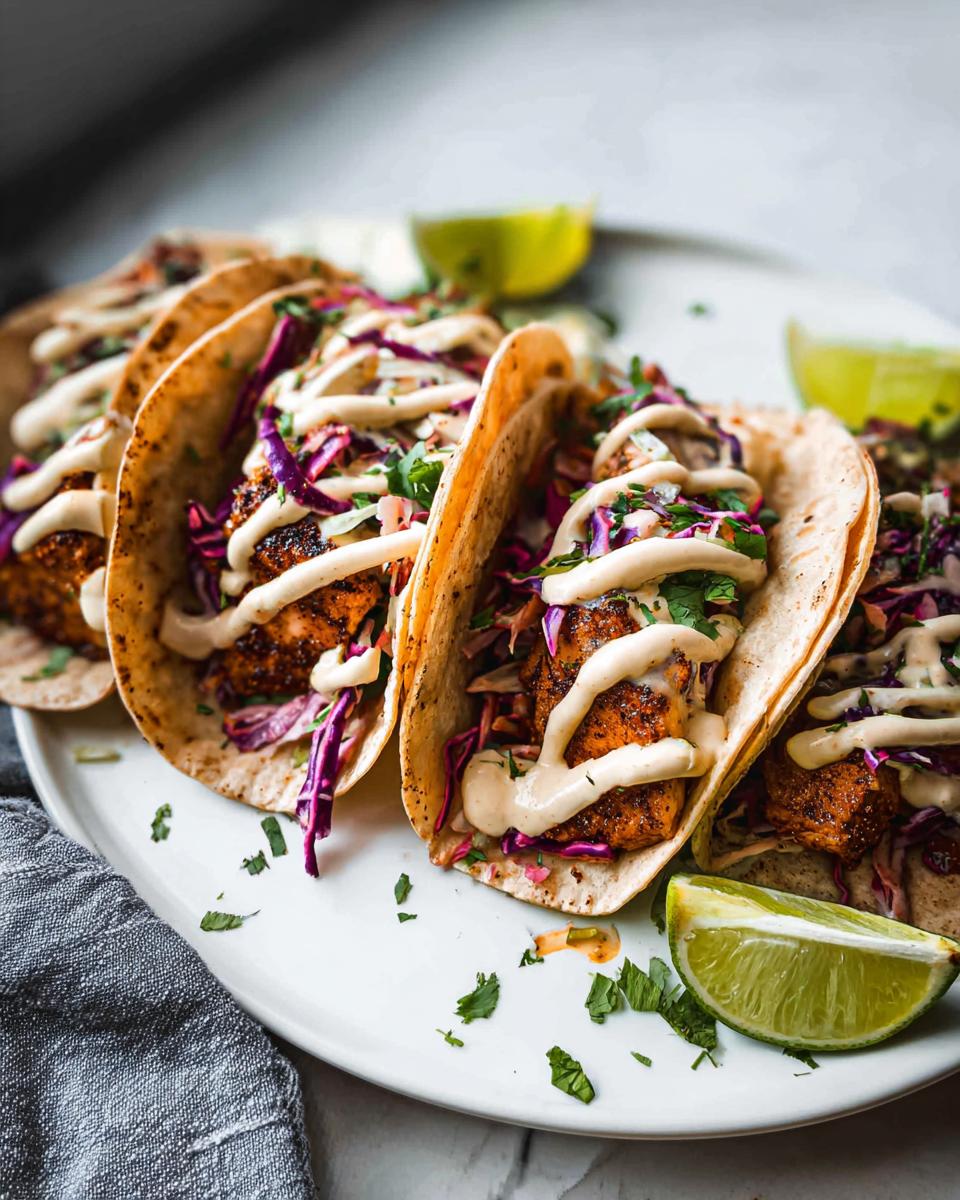 Four assembled Blackened Salmon Tacos filled with seasoned fish, red cabbage slaw, and drizzled with a creamy sauce, served with lime wedges.