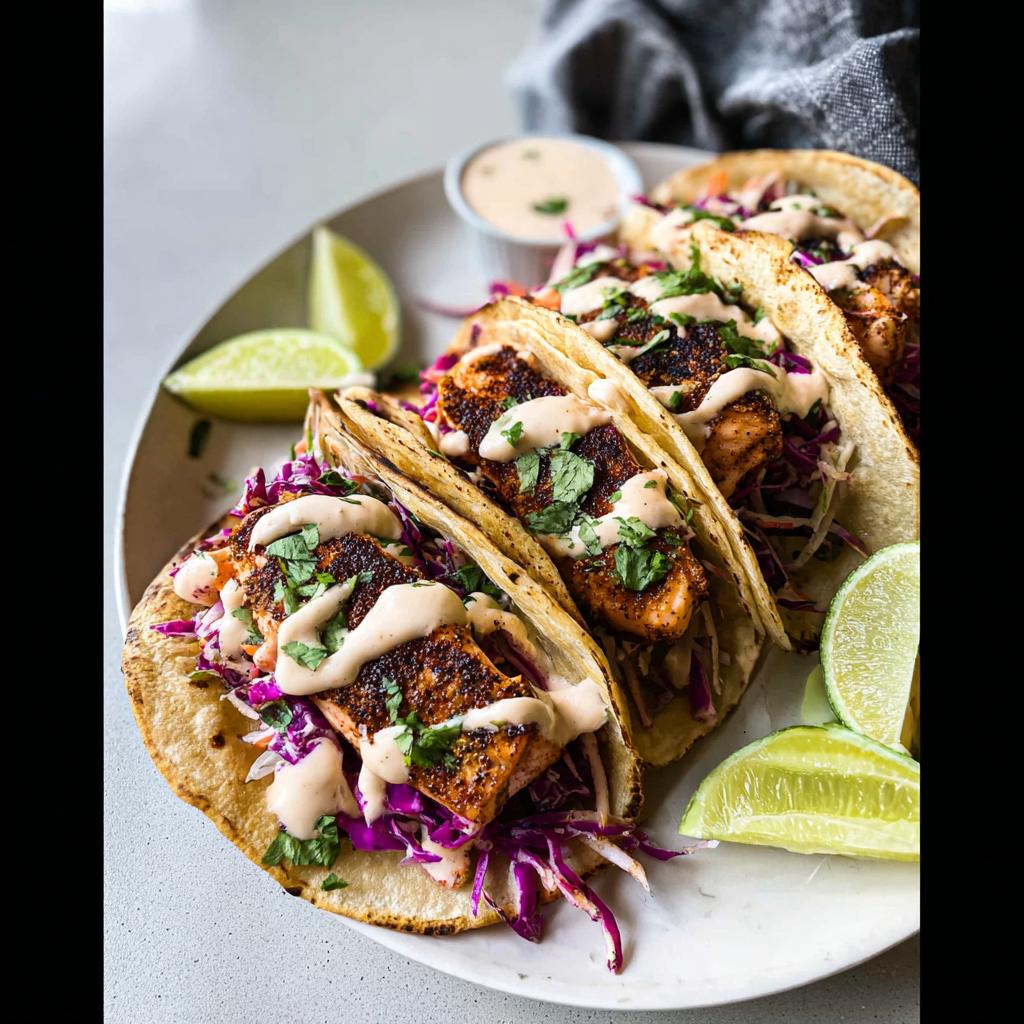 Three delicious Blackened Salmon Tacos filled with red cabbage slaw and drizzled with a creamy sauce, served with lime wedges.