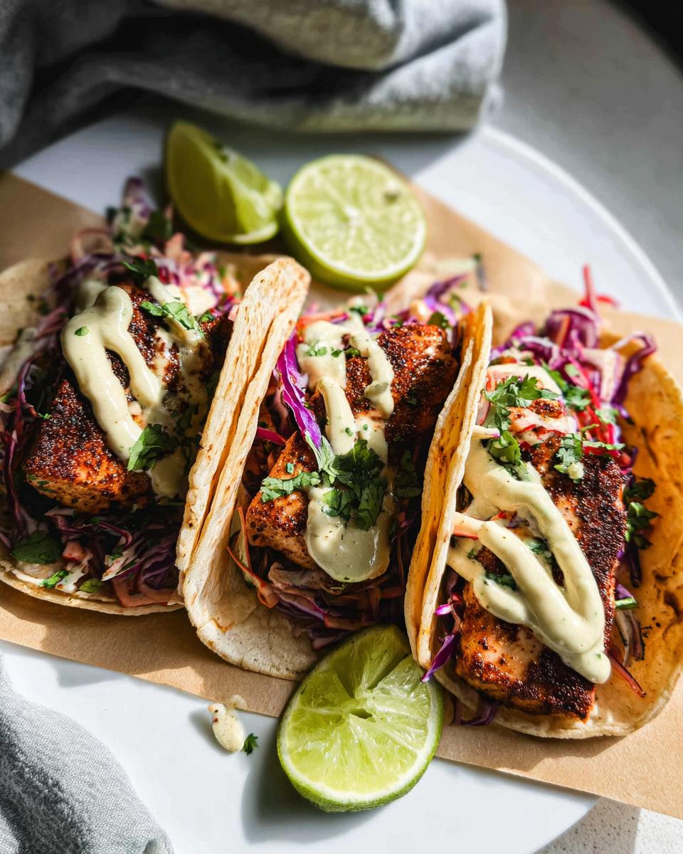 Three delicious Blackened Salmon Tacos filled with red cabbage slaw, topped with creamy sauce and cilantro.