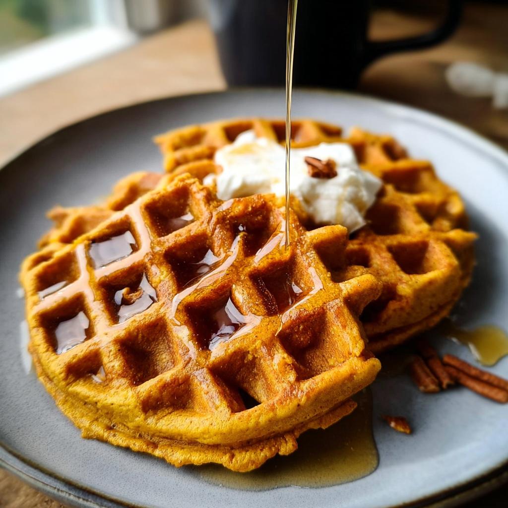 Two golden Blender Pumpkin Waffles topped with whipped cream and drizzled with maple syrup.