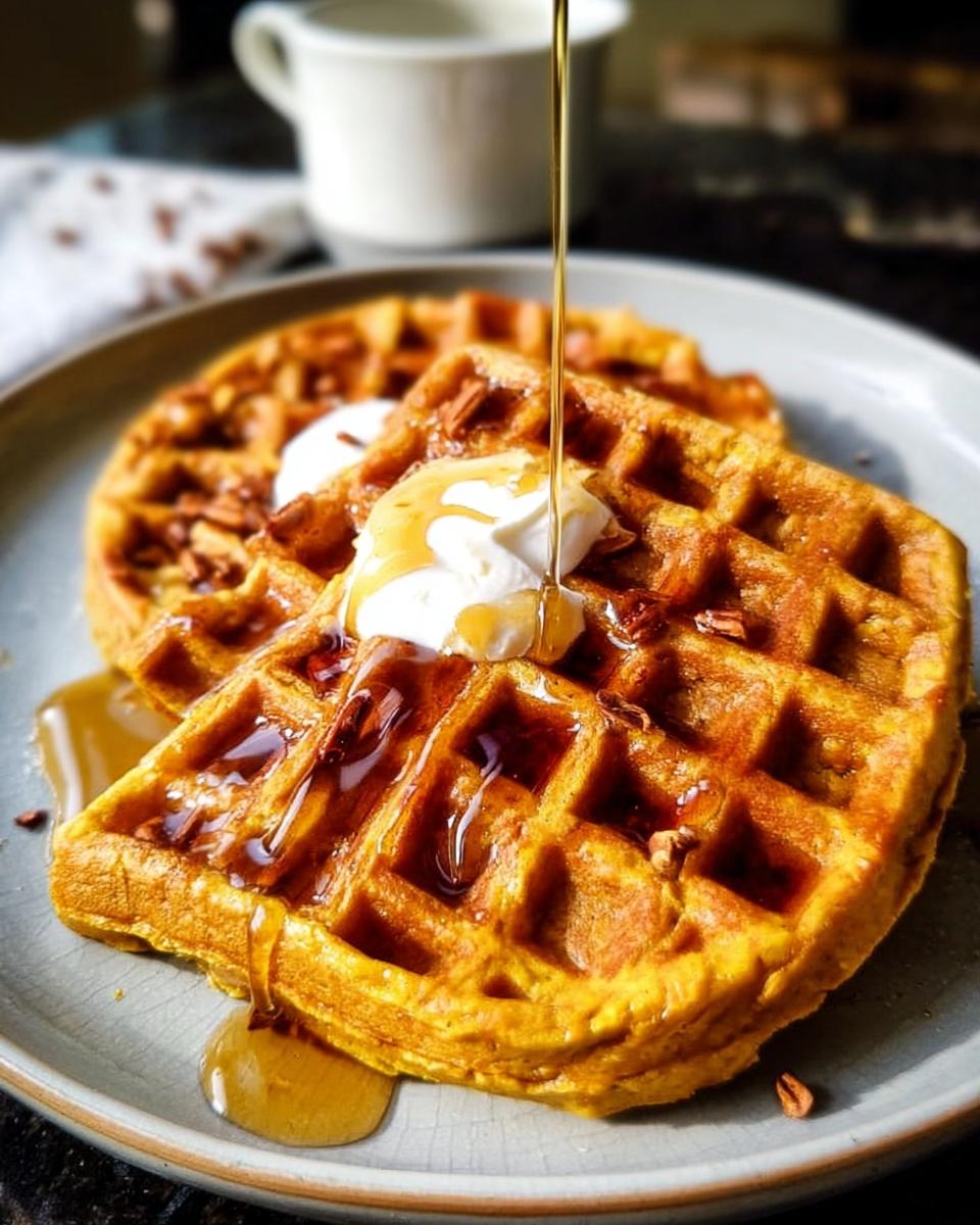 Close-up of two delicious Blender Pumpkin Waffles topped with whipped cream and drizzled with maple syrup.