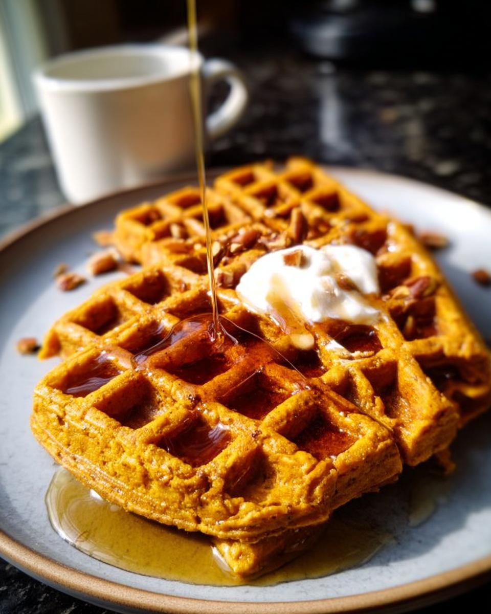 Stack of golden Blender Pumpkin Waffles being drizzled with maple syrup, topped with whipped cream and nuts.
