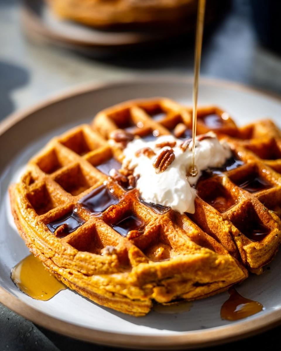 Close-up of a delicious Blender Pumpkin Waffle topped with whipped cream, pecans, and drizzled with syrup.