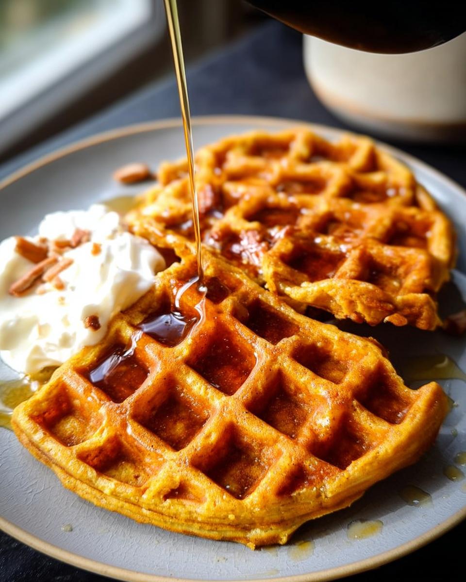 Close-up of two golden Blender Pumpkin Waffles being drizzled with syrup, served with whipped cream and chopped nuts.