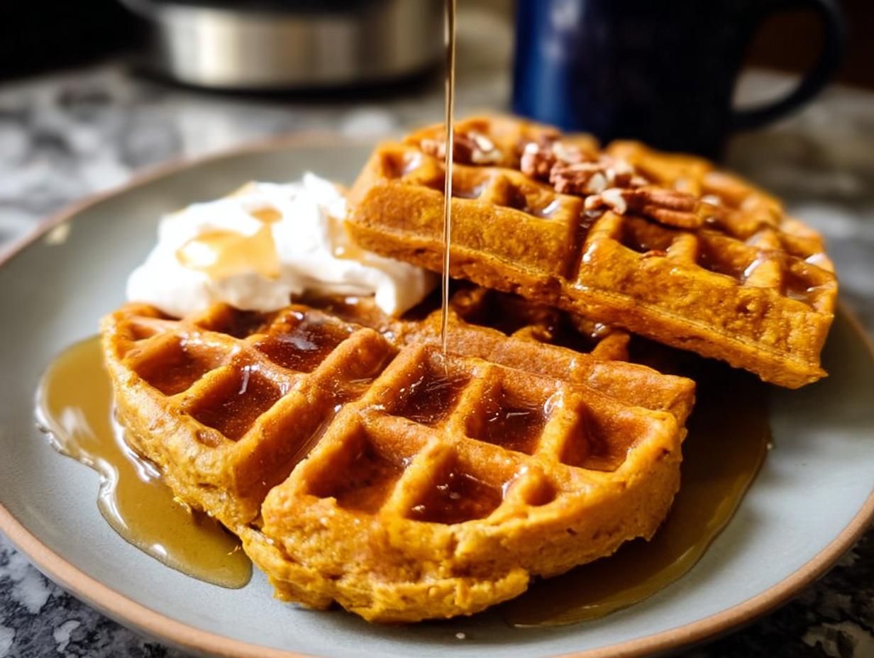 Close-up of two delicious Blender Pumpkin Waffles, drizzled with syrup and topped with whipped cream and pecans.