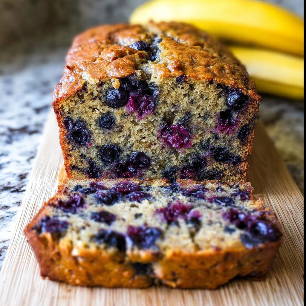 Close-up of sliced Blueberry Banana Bread, showing moist crumb packed with blueberries, with bananas in the background.