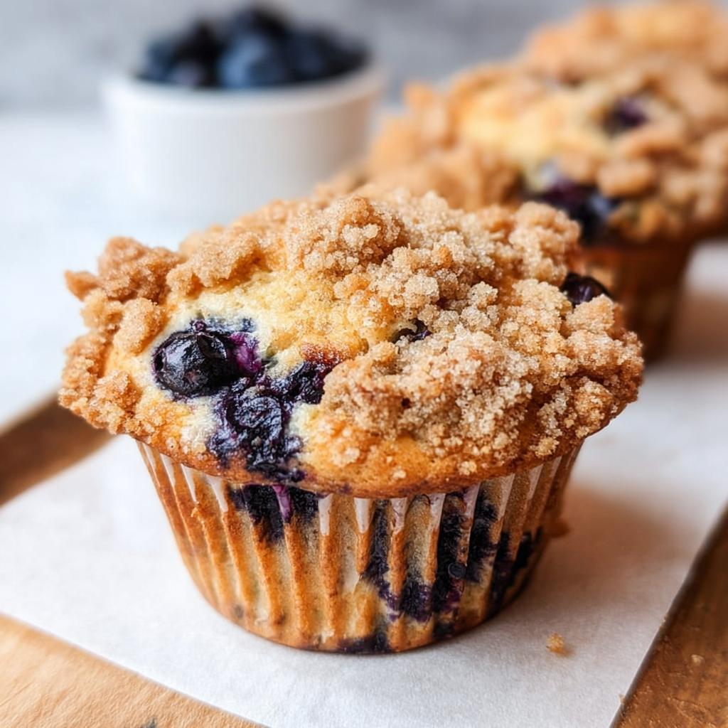 Close-up of a freshly baked Blueberry Muffin Like a Bakery (Comfort) topped with a generous layer of brown sugar streusel.