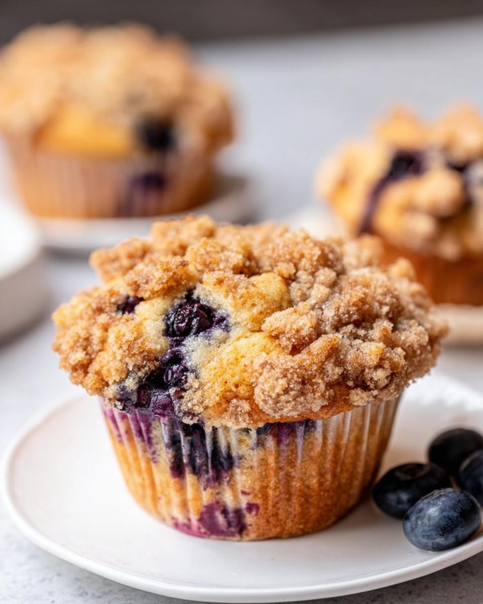 A close-up of a freshly baked Blueberry Muffin Like a Bakery with a generous cinnamon streusel topping.