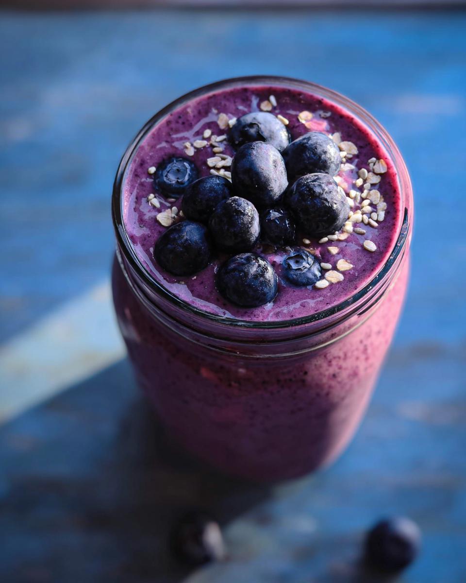 Overhead view of a thick, purple Blueberry Oat Breakfast Smoothie topped with fresh blueberries and oats.