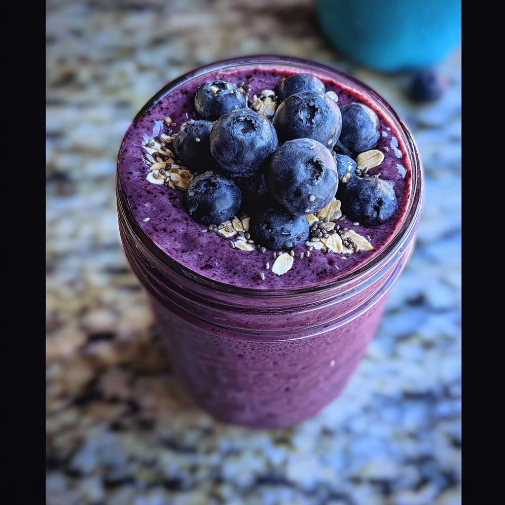 Close-up of a thick Blueberry Oat Breakfast Smoothie topped with fresh blueberries, oats, and chia seeds.