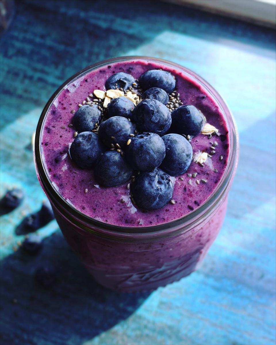 Overhead view of a vibrant purple Blueberry Oat Breakfast Smoothie topped with fresh blueberries, chia seeds, and oats.