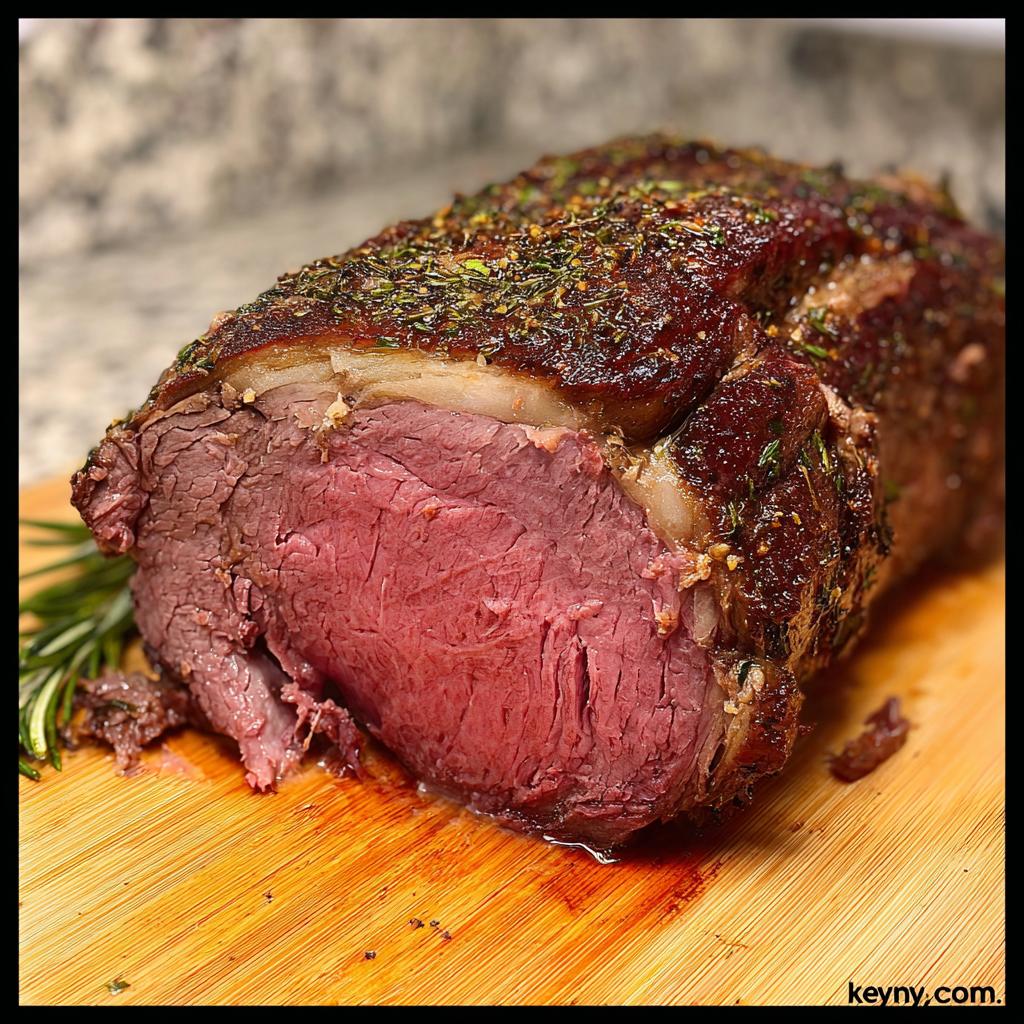 Close-up of a perfectly cooked Boneless Prime Rib roast, showing a deep brown crust and a medium-rare pink center.
