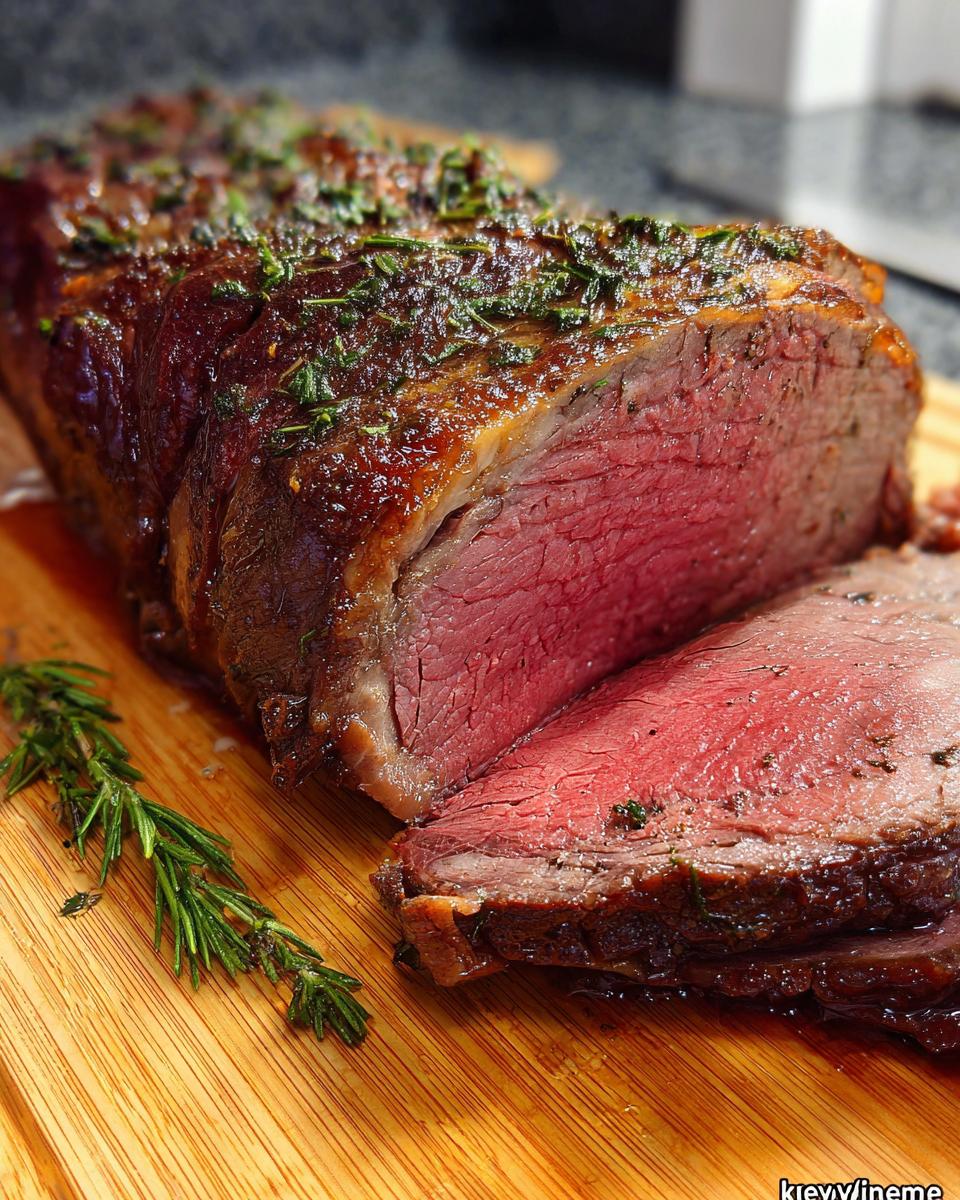 A close-up of a perfectly cooked, medium-rare Boneless Prime Rib, sliced on a wooden board with rosemary garnish.