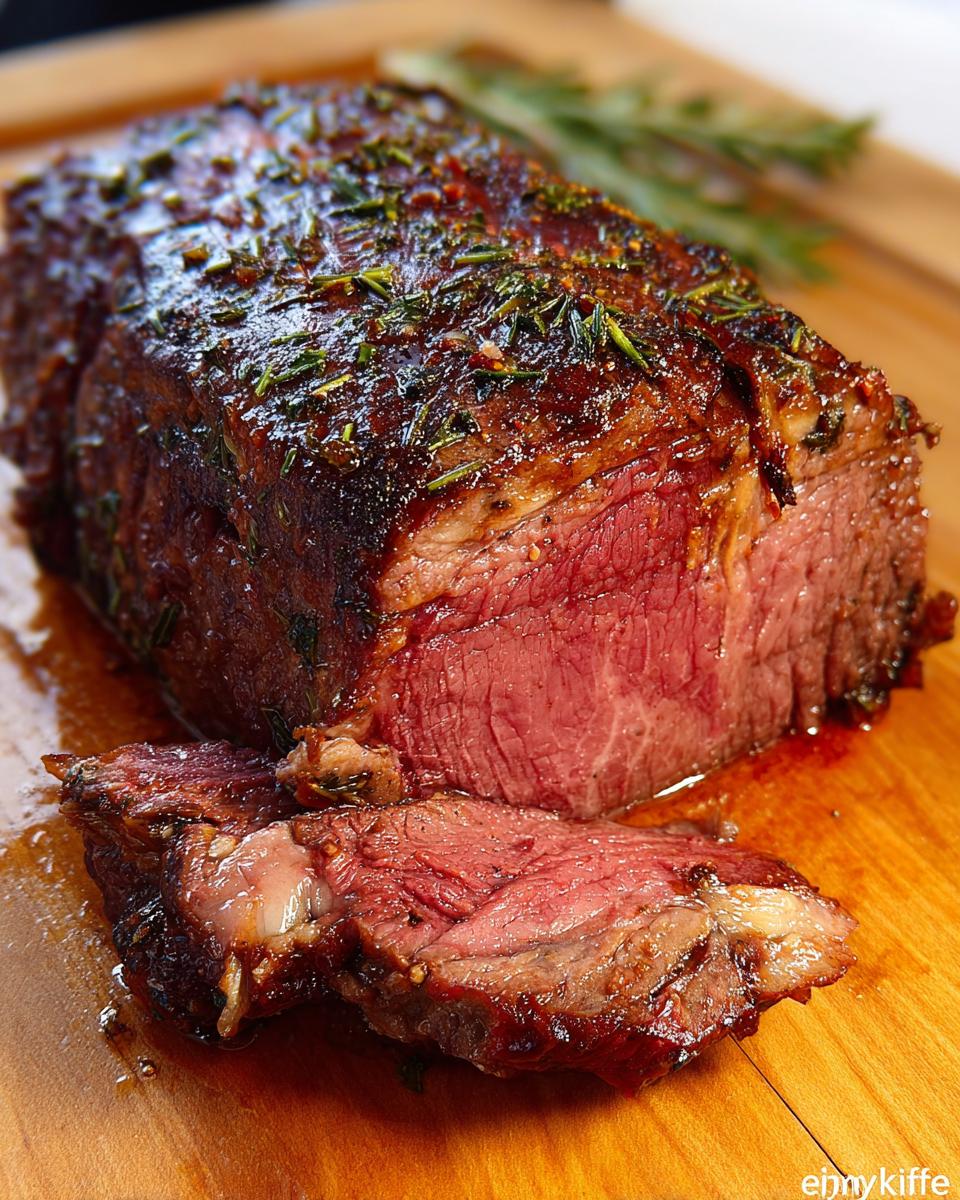 A close-up of a juicy, medium-rare Boneless Prime Rib cooked to perfection, sliced on a wooden board.