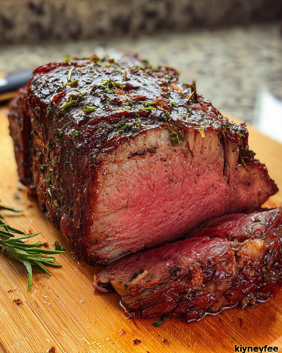 Close-up of a perfectly cooked Boneless Prime Rib, sliced to show a medium-rare interior and herb crust.
