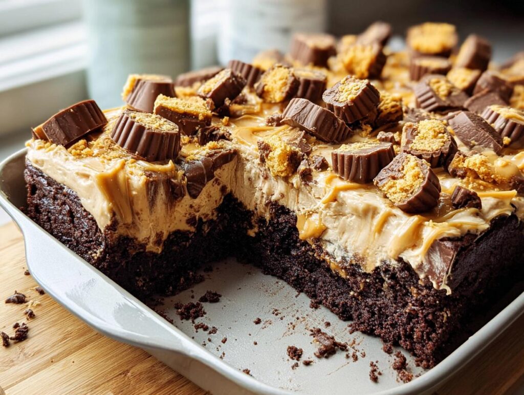 A rich, fudgy brownie base topped with thick peanut butter frosting and chopped peanut butter cups, showing a slice removed.