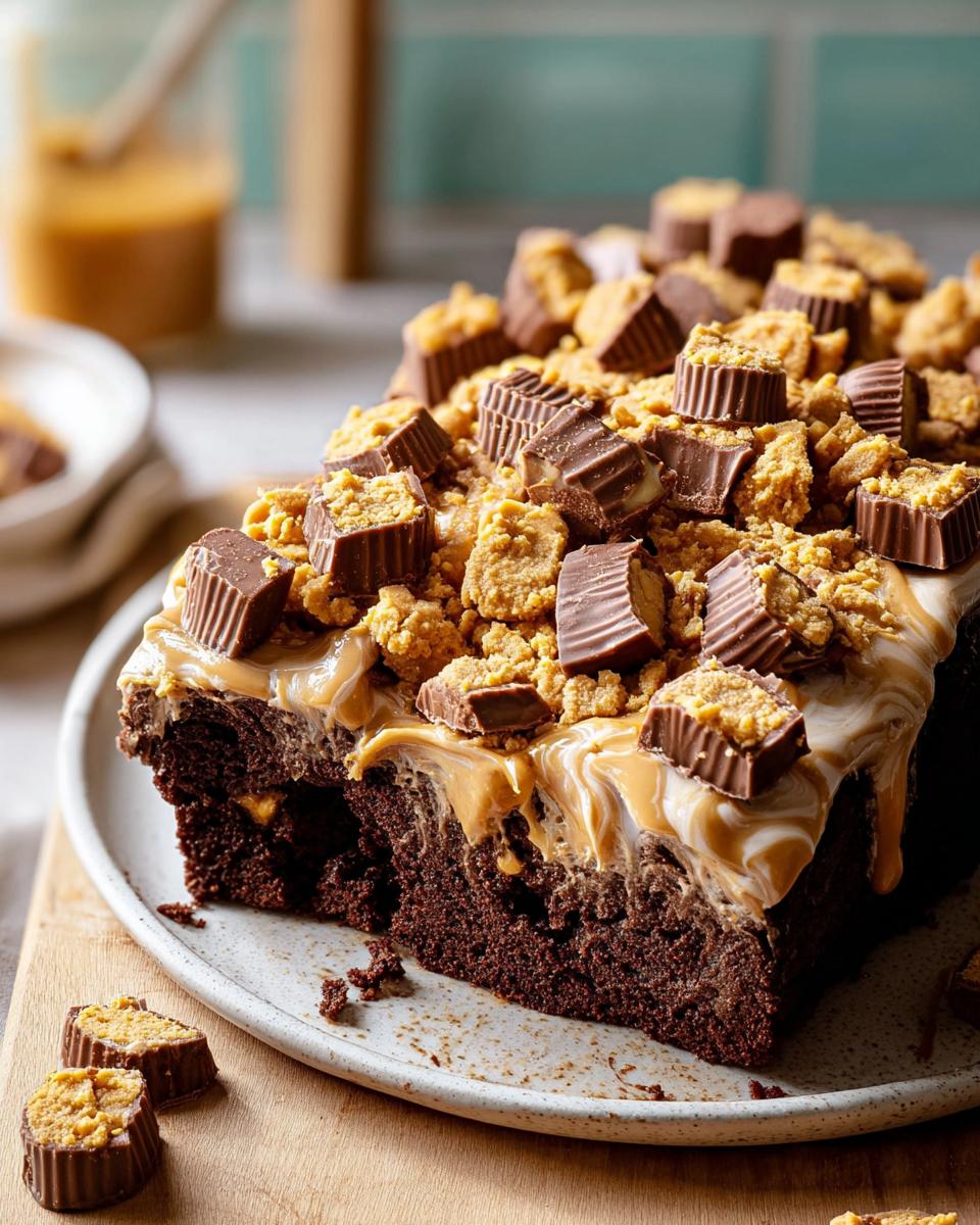 A rich chocolate cake slice showing a Box Mix Glow-Up with peanut butter frosting and chopped peanut butter cups.