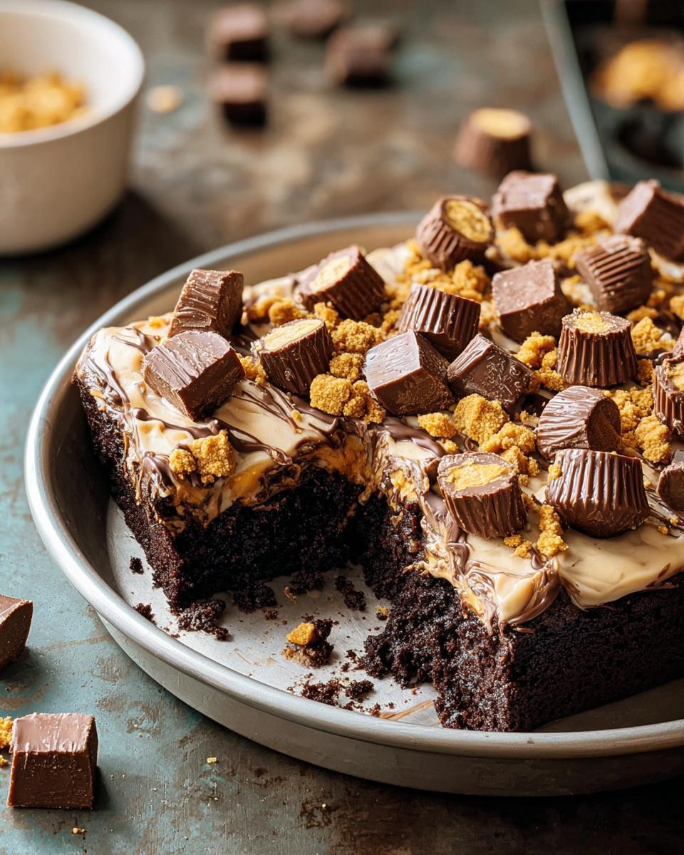 A rich chocolate cake slice topped with peanut butter frosting, chocolate drizzle, and peanut butter cups, showing a Box Mix Glow-Up finish.