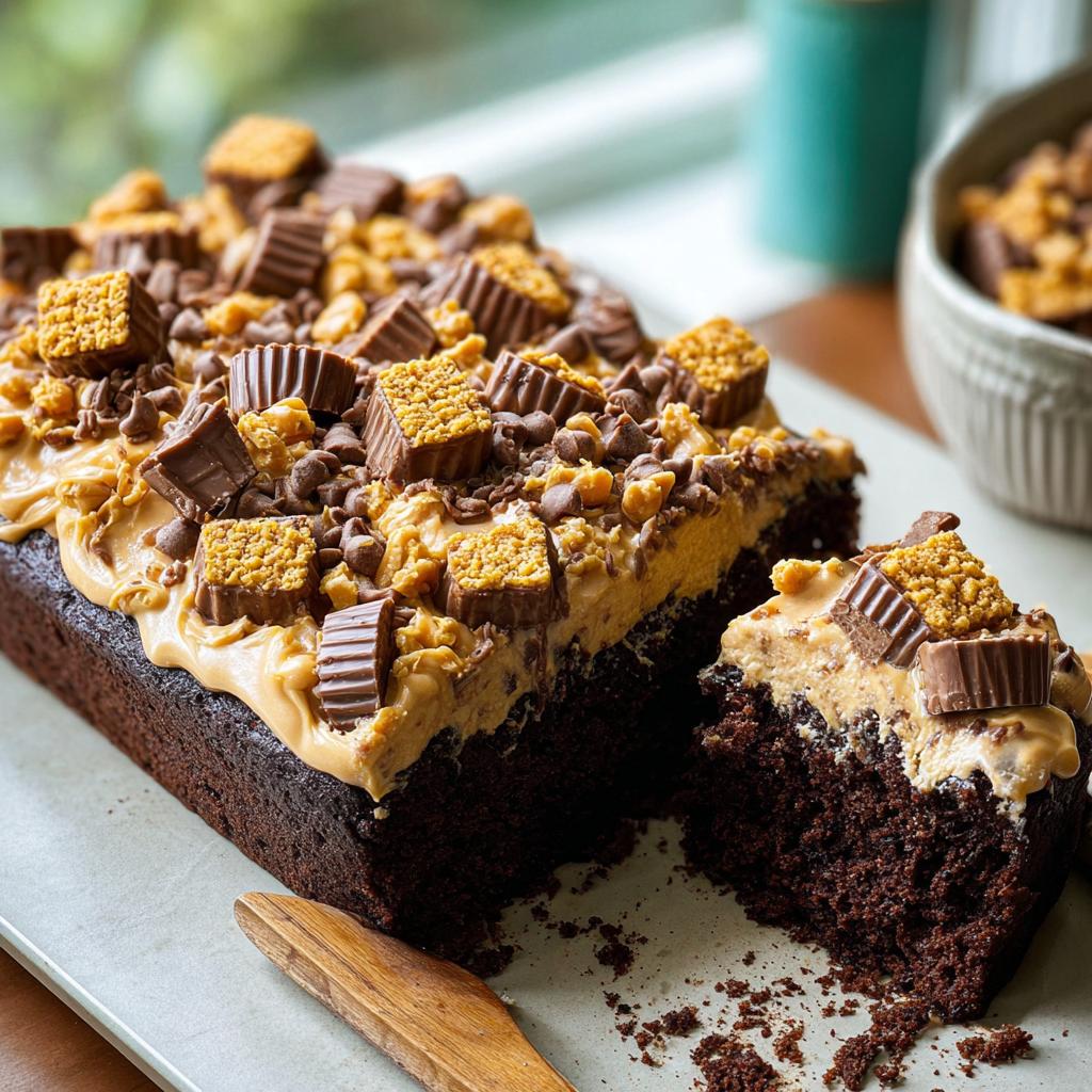 A rich chocolate cake loaf topped with peanut butter frosting and chopped peanut butter cups, showing a slice cut out for a Box Mix Glow-Up.