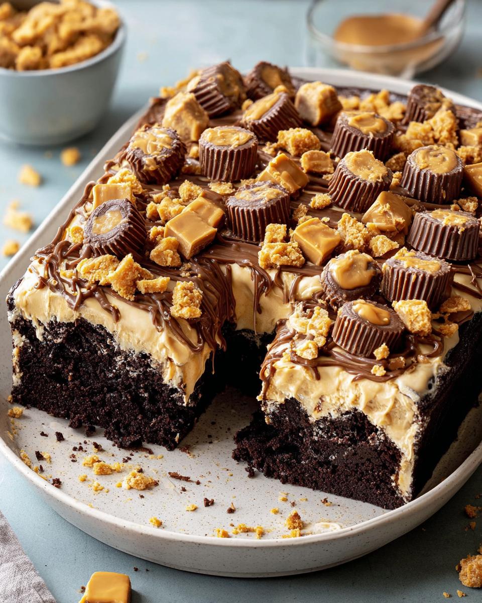 Close-up of a rich chocolate cake with peanut butter frosting, topped with peanut butter cups and caramel pieces for a Box Mix Glow-Up.