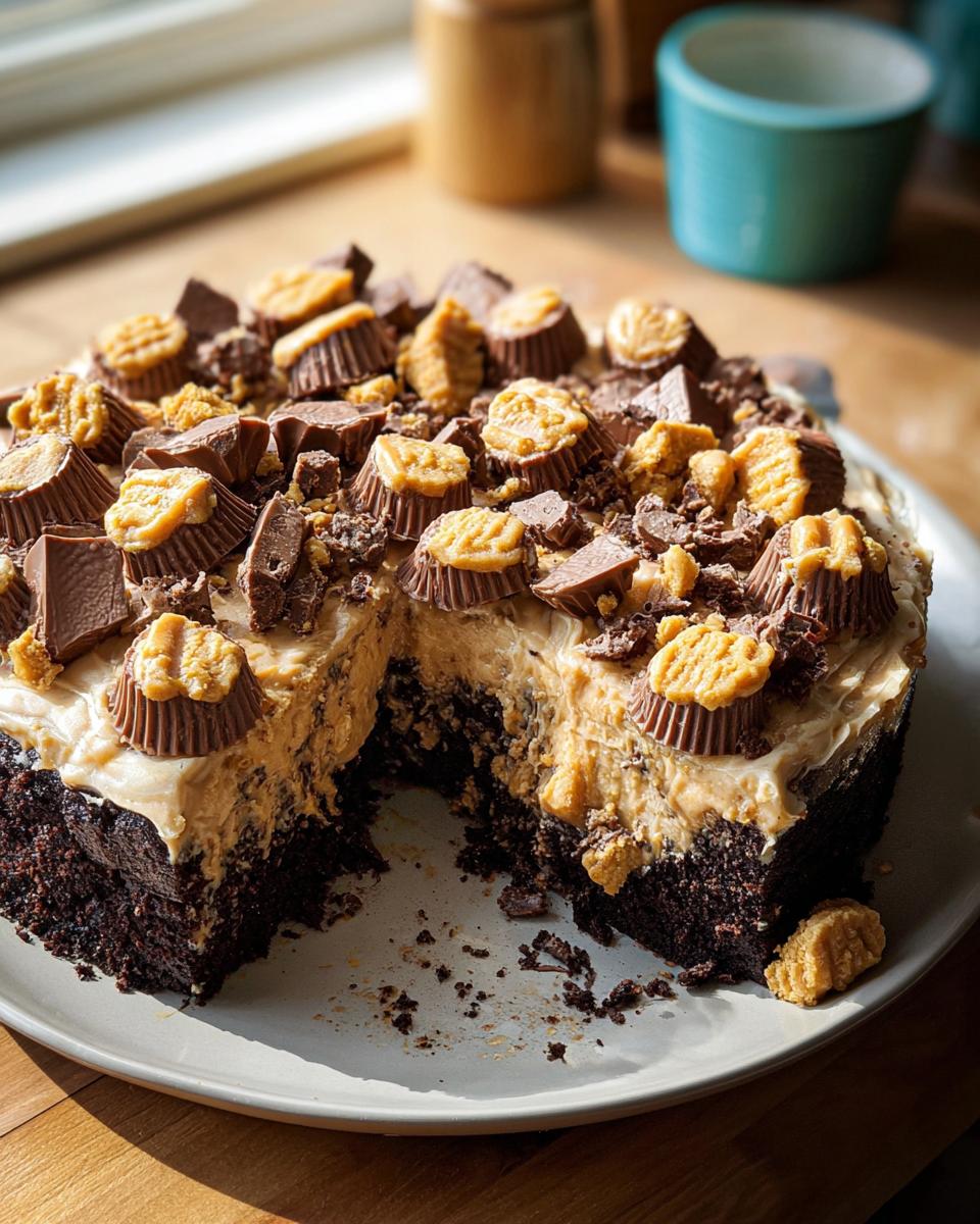 A decadent chocolate cake with peanut butter frosting, topped with mini peanut butter cups, showing a slice removed. A true Box Mix Glow-Up.