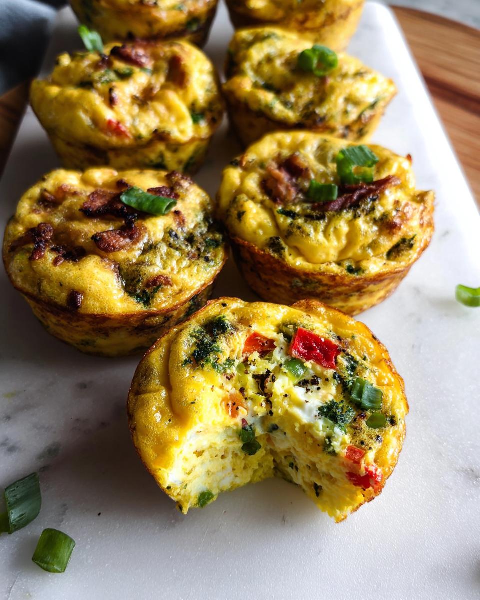 A close-up of several baked Breakfast Meal Prep Egg Cups, one with a bite taken out showing colorful peppers inside.