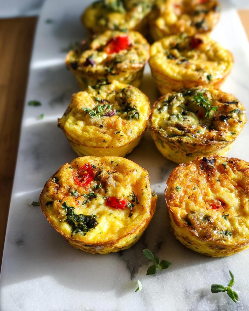 A row of golden-brown Breakfast Meal Prep Egg Cups garnished with herbs and visible red peppers.