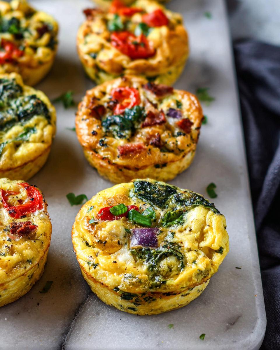 Close-up of freshly baked Breakfast Meal Prep Egg Cups featuring spinach, red onion, and tomato.