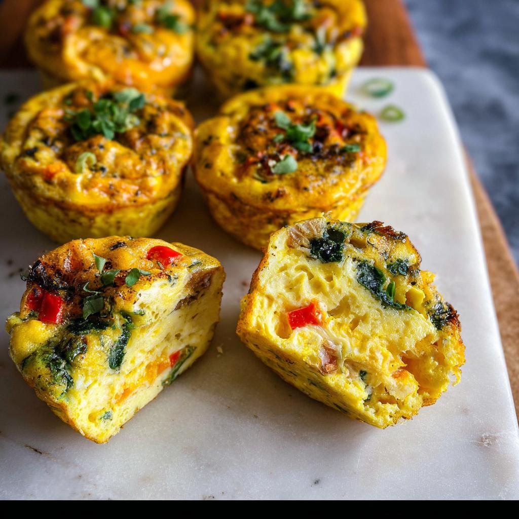 Two halves of a Breakfast Meal Prep Egg Cup showing fluffy egg texture, spinach, and red pepper inside.
