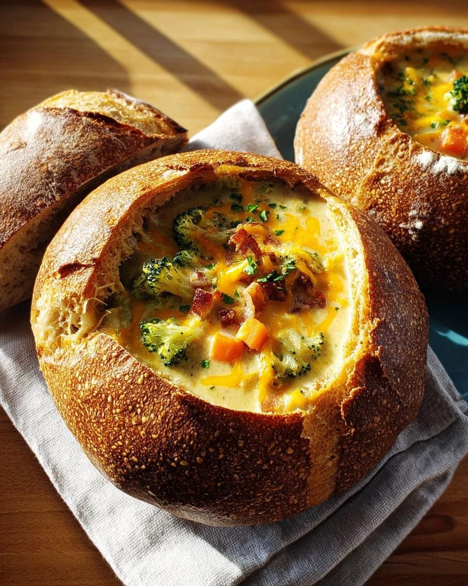 Restaurant-style broccoli cheddar soup served in a hollowed-out bread bowl, topped with melted cheese and bacon bits.