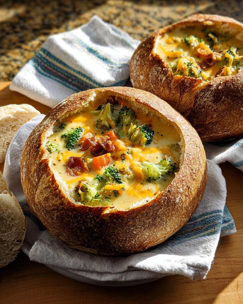 Two rustic bread bowls filled with creamy broccoli cheddar soup, topped with bacon and cheese. A perfect restaurant-style dinner idea at home.