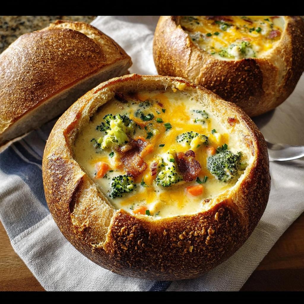 Close-up of creamy broccoli cheddar soup served in a hollowed-out bread bowl, topped with cheese and bacon. A restaurant-style dinner idea.