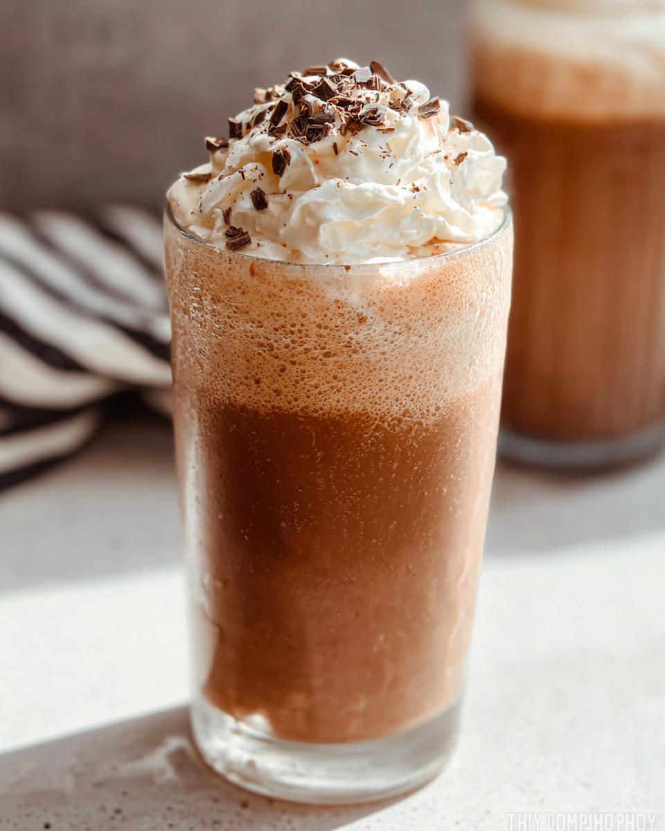 A tall glass of blended Mocha Frappuccino topped with whipped cream and chocolate shavings.