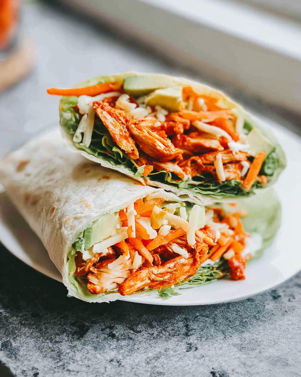 Close-up of Buffalo Chicken Lettuce Wraps filled with shredded chicken, avocado, shredded carrots, and cheese.