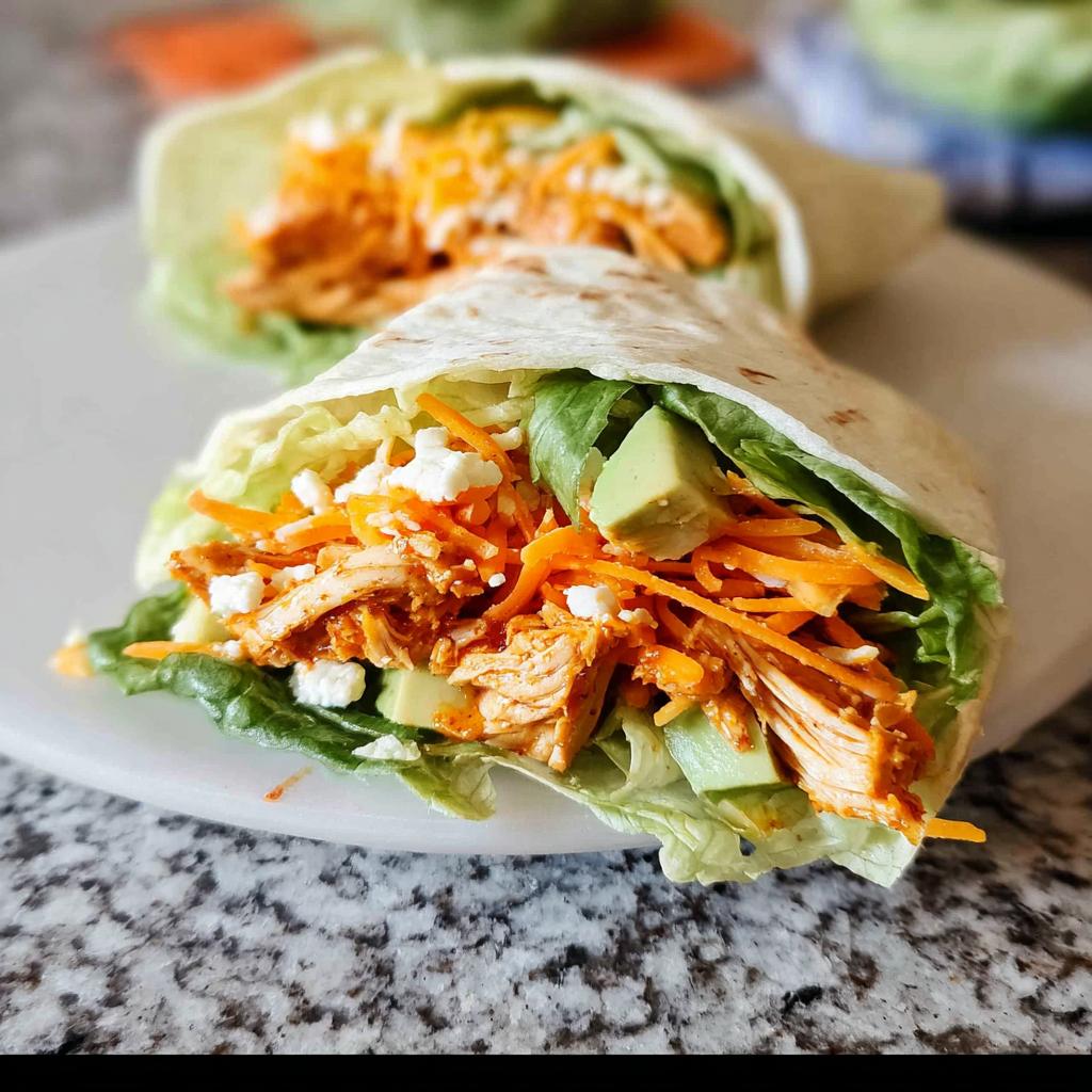 Close-up of two Buffalo Chicken Lettuce Wraps filled with shredded chicken, lettuce, carrots, avocado, and cheese.