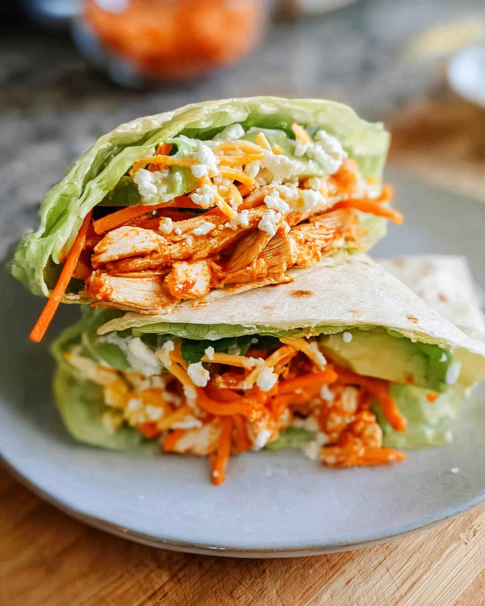 Close-up of Buffalo Chicken Lettuce Wraps filled with shredded chicken, shredded carrots, crumbled cheese, and avocado slices.