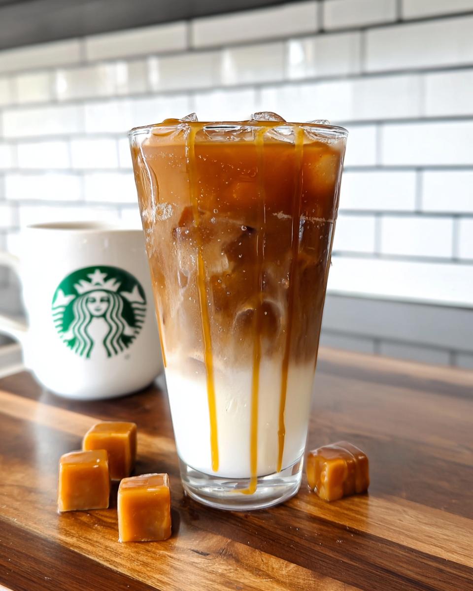 A tall glass of layered Café-Style Iced Caramel Macchiato copycat drink with caramel drizzle, next to caramel squares.
