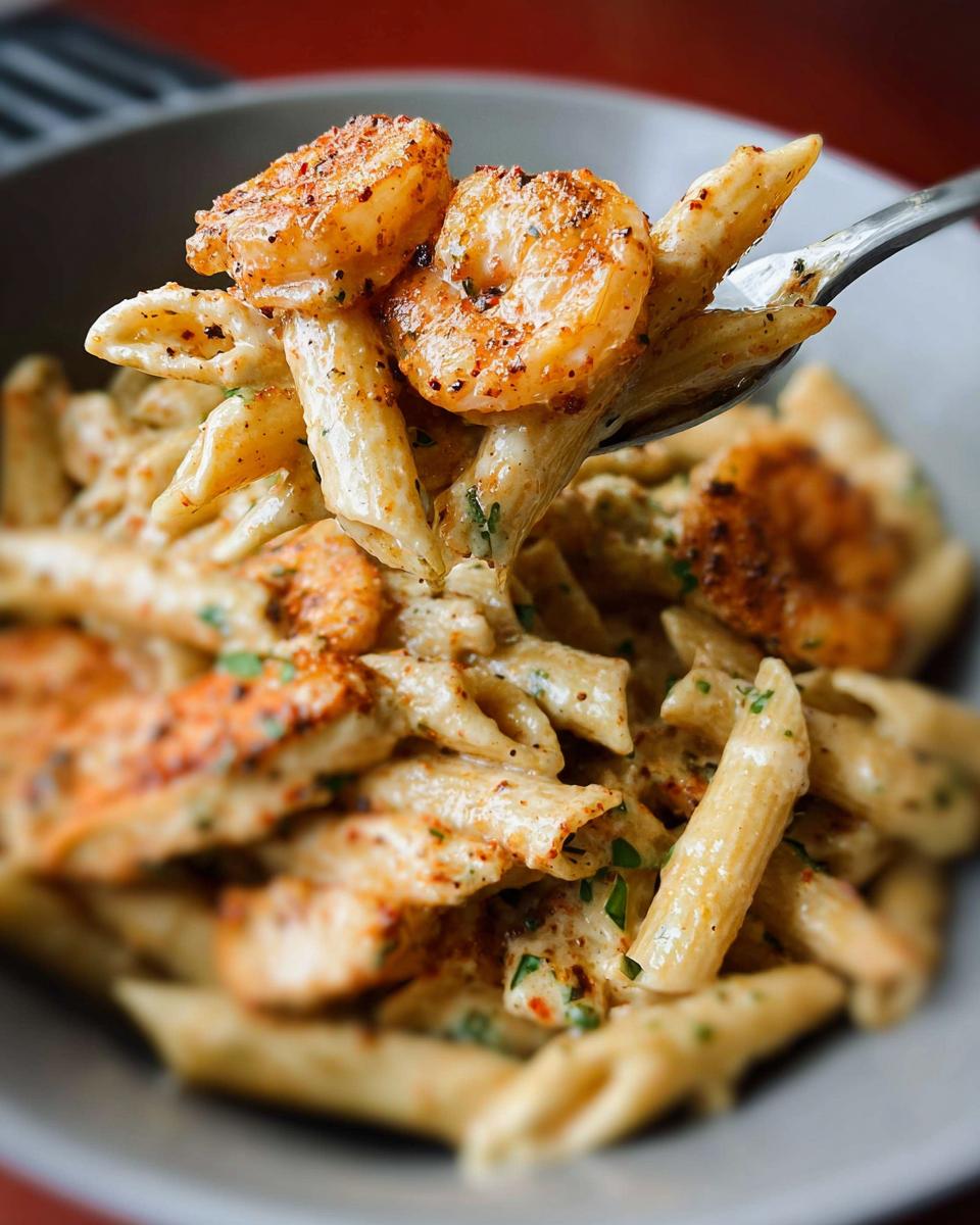 A fork lifts a portion of creamy Cajun Shrimp Pasta, featuring seasoned shrimp and penne coated in a rich sauce.