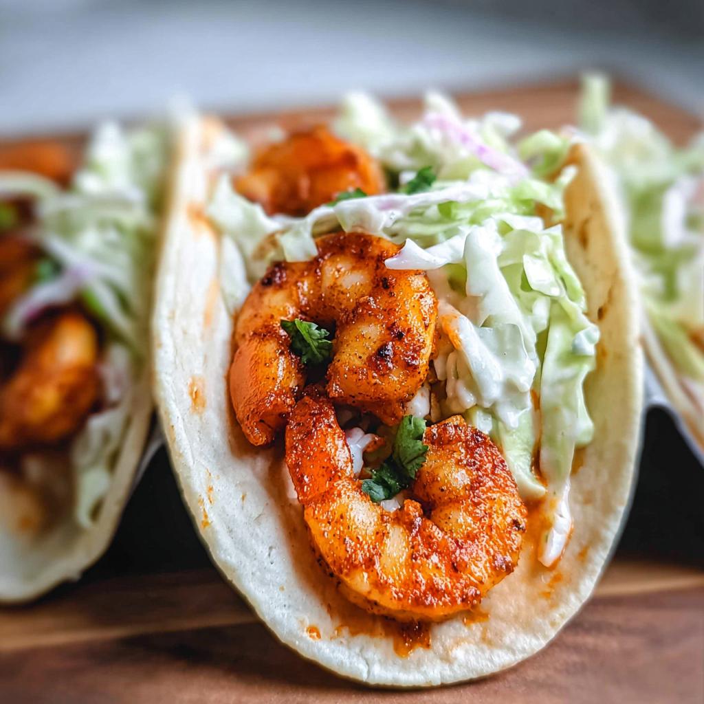 Close-up of delicious Cajun Shrimp Tacos With Slaw, featuring seasoned shrimp and fresh coleslaw in tortillas.