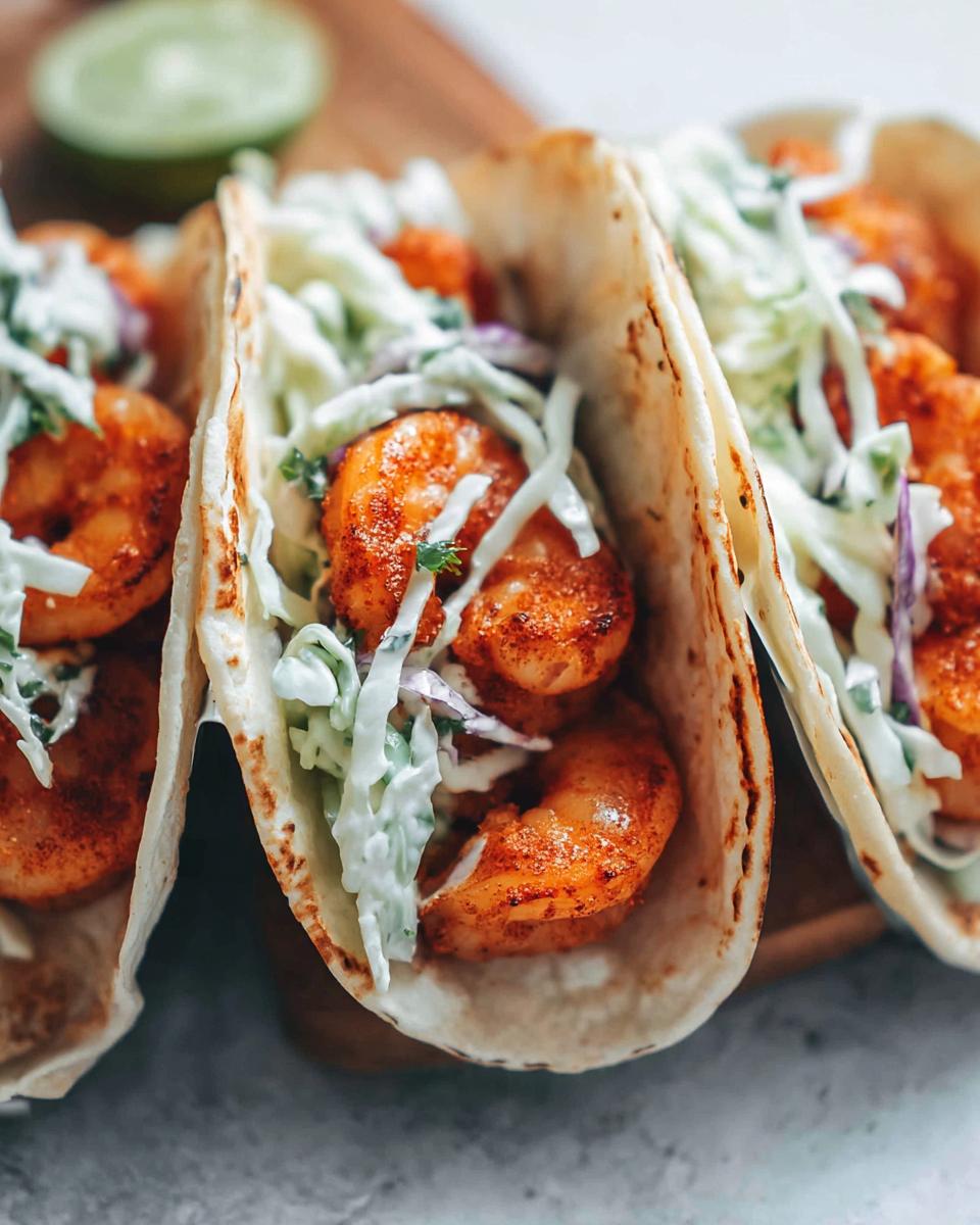 Three delicious Cajun Shrimp Tacos With Slaw, filled with seasoned shrimp and creamy coleslaw, on a wooden board.