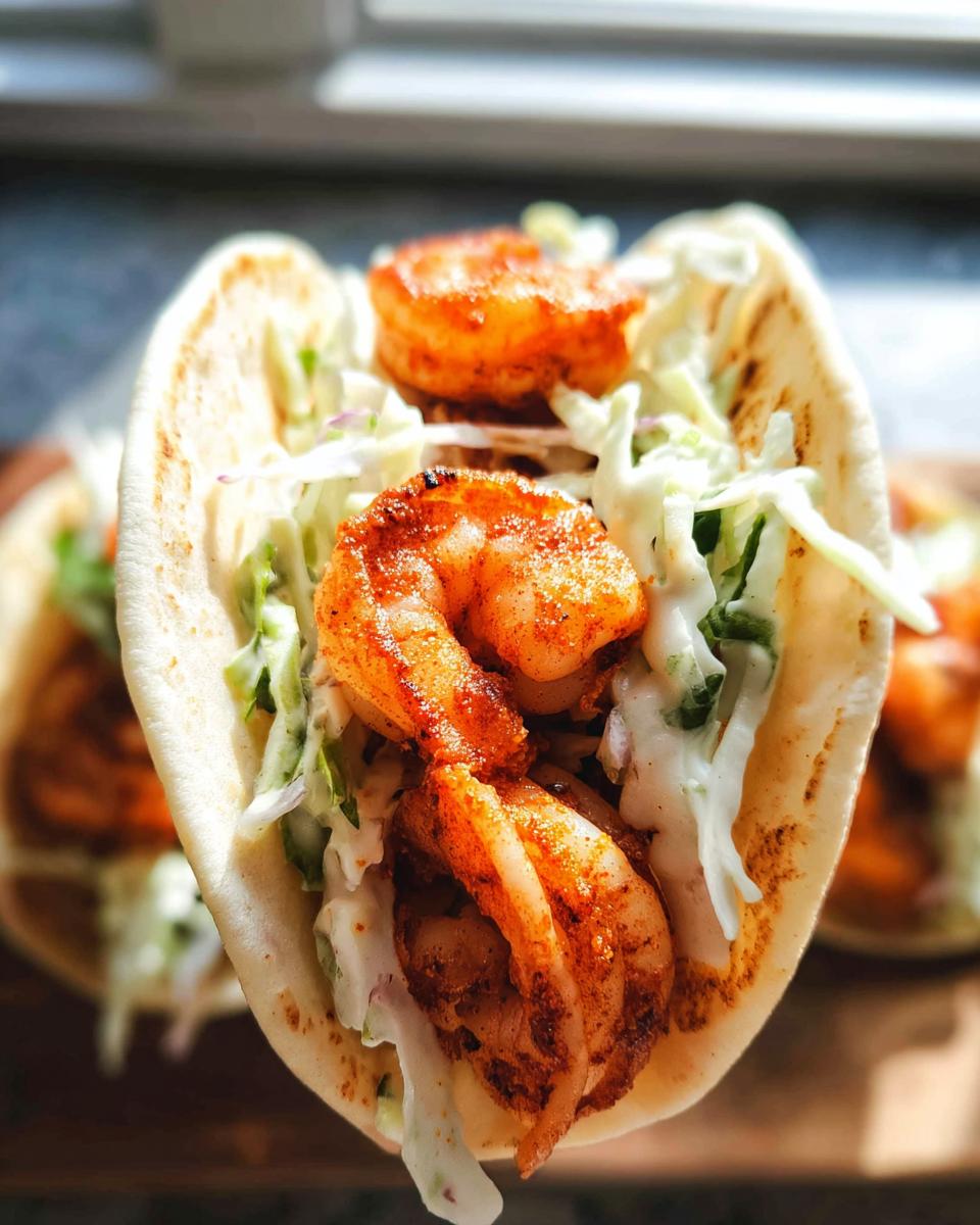 Close-up of a delicious Cajun Shrimp Taco with creamy slaw and seasoned shrimp.