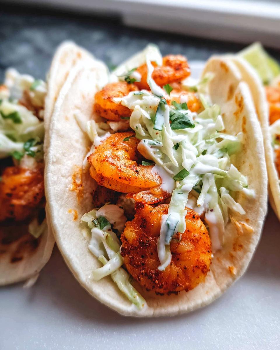 Close-up of delicious Cajun shrimp tacos with fresh slaw and a creamy sauce, garnished with cilantro.