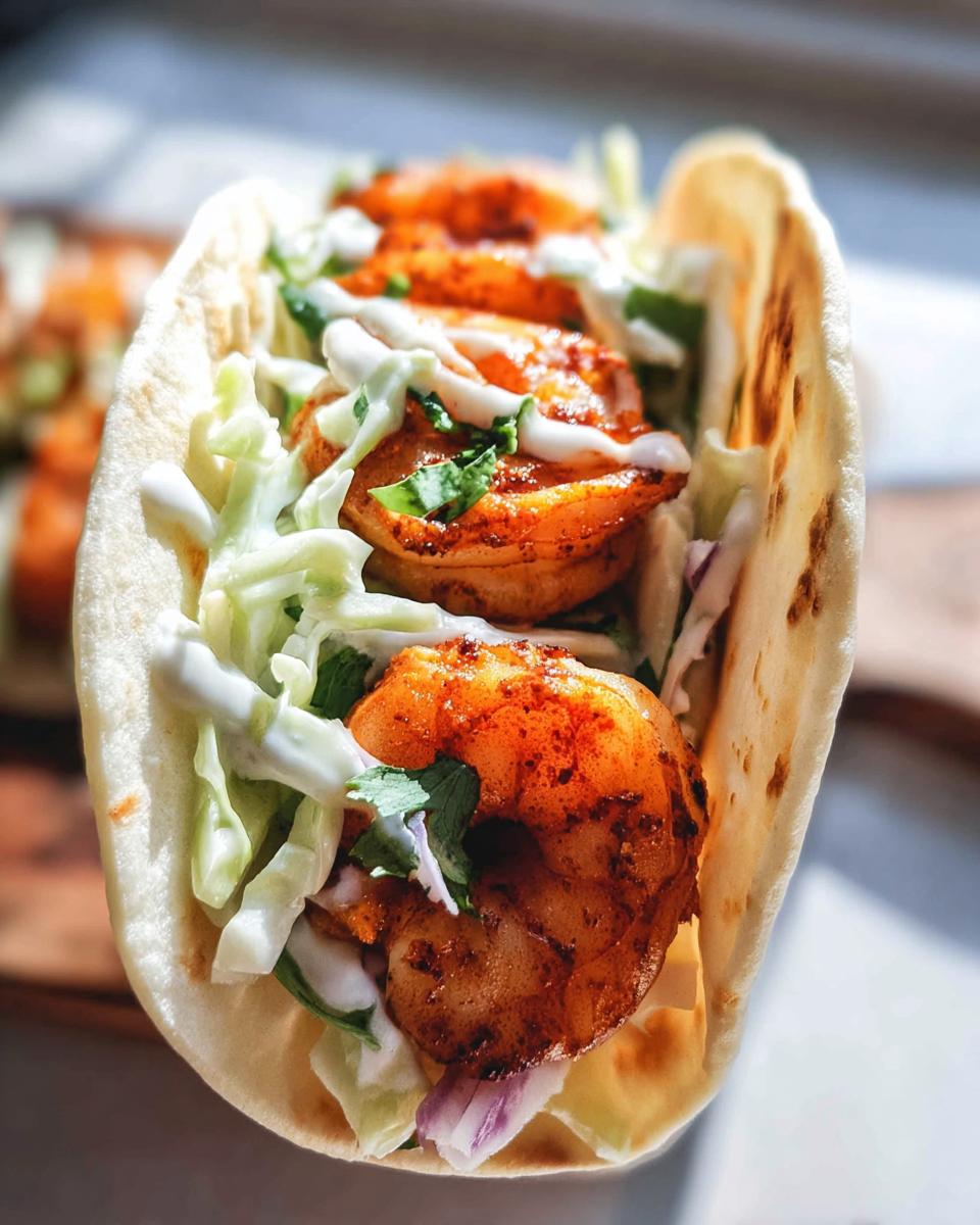 Close-up of a delicious Cajun Shrimp Taco filled with seasoned shrimp, shredded slaw, and a drizzle of creamy sauce.