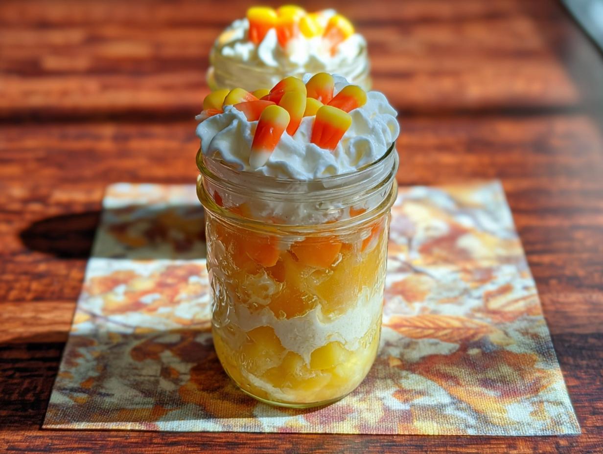 Close-up of a Candy Corn Fruit Parfait in a mason jar, layered with fruit and cream, topped with whipped cream and candy corn.