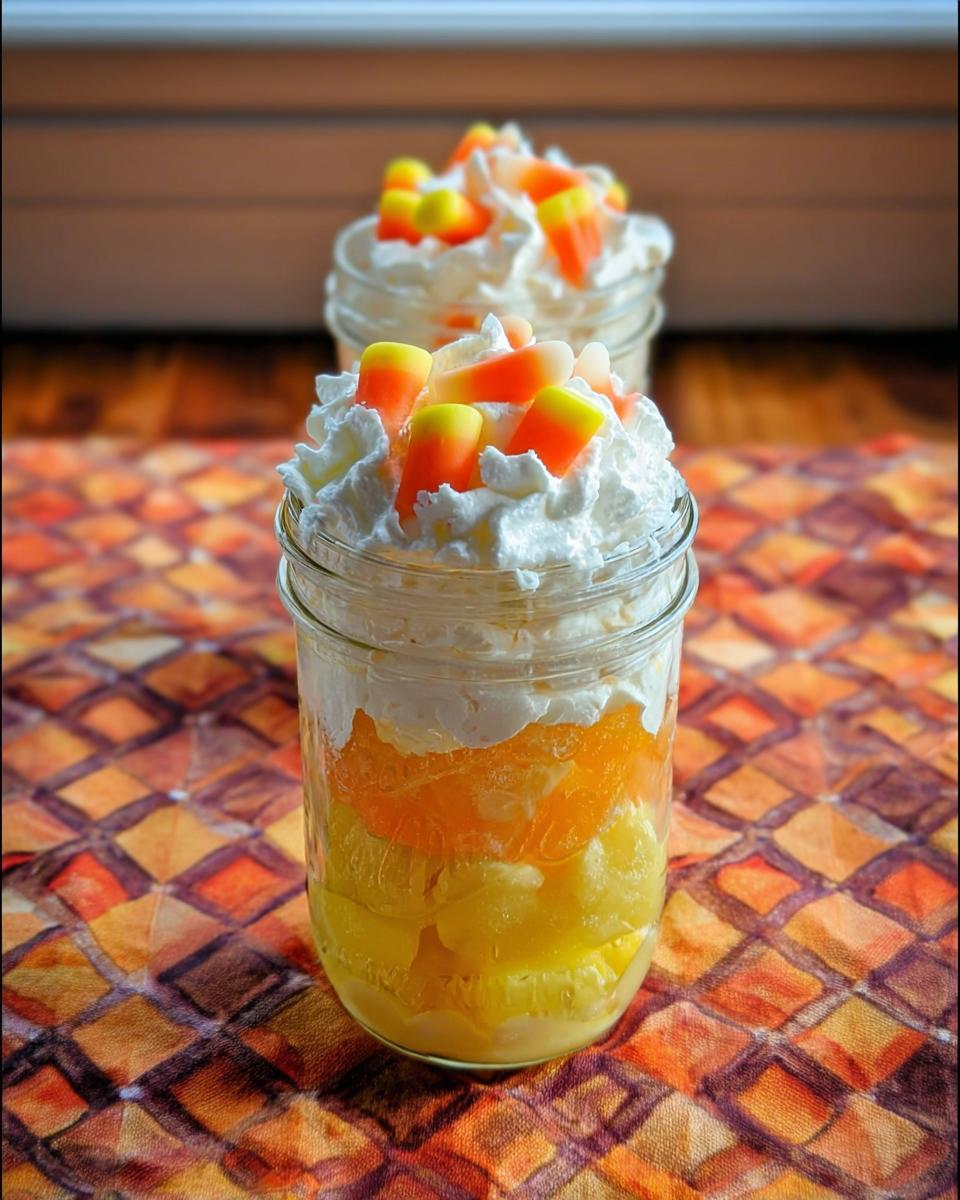 Two festive Candy Corn Fruit Parfaits layered in mason jars with whipped cream and candy corn.