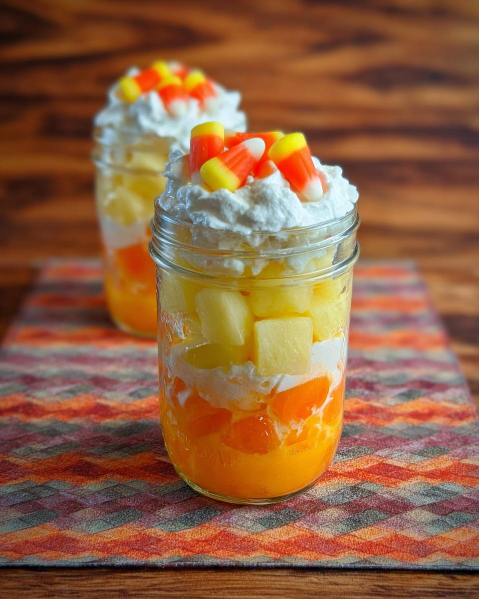 Two festive Candy Corn Fruit Parfaits in mason jars, layered with orange fruit, cream, and pineapple, topped with whipped cream and candy corn.