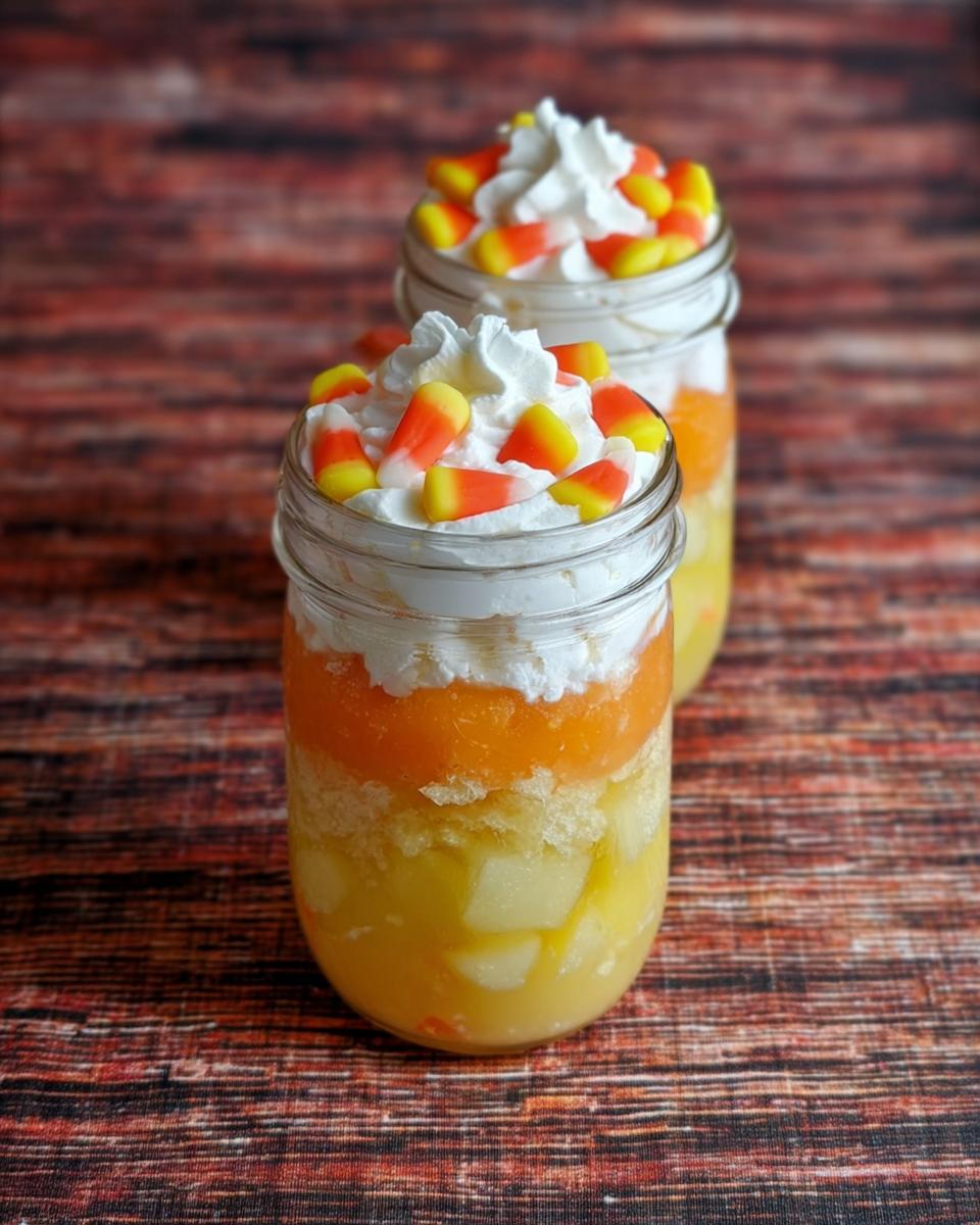 Two festive Candy Corn Fruit Parfaits in mason jars, topped with whipped cream and candy corn.